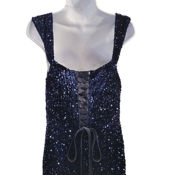 NWT Dark Navy Blue Sequin Evening Classic Sleeveless Corset Back Thigh Slit - Picture 10 of 15